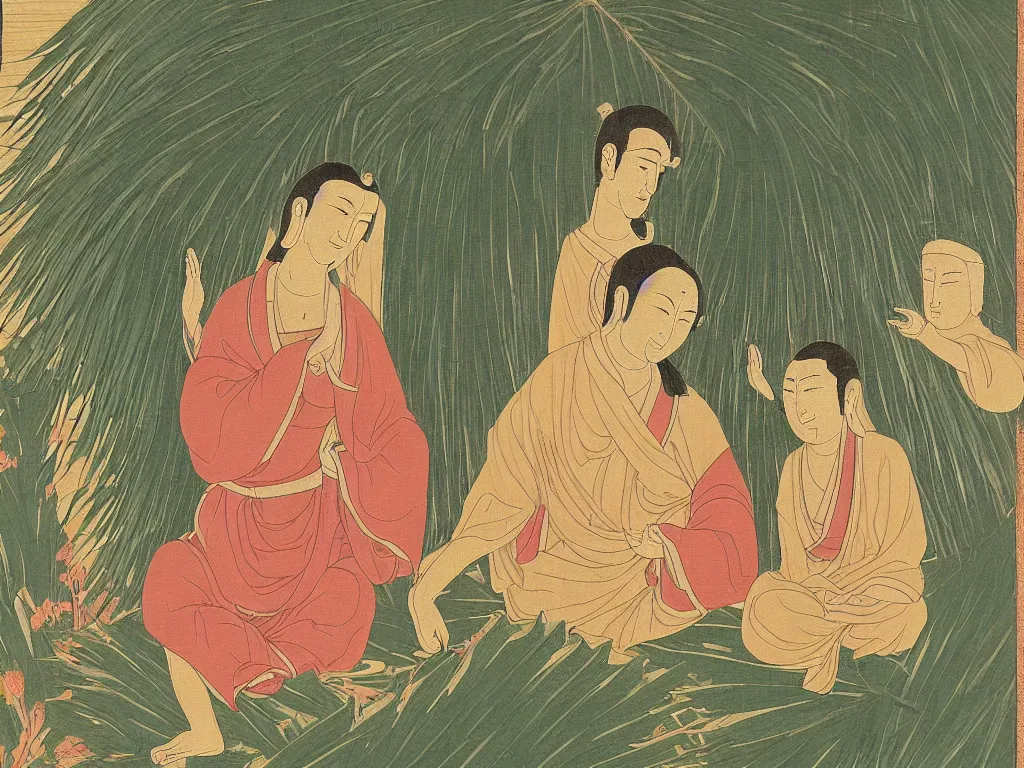 Prompt: Jesus and Buddha are taking cover from the rain under a giant palm leaf. Japanese Zen painting