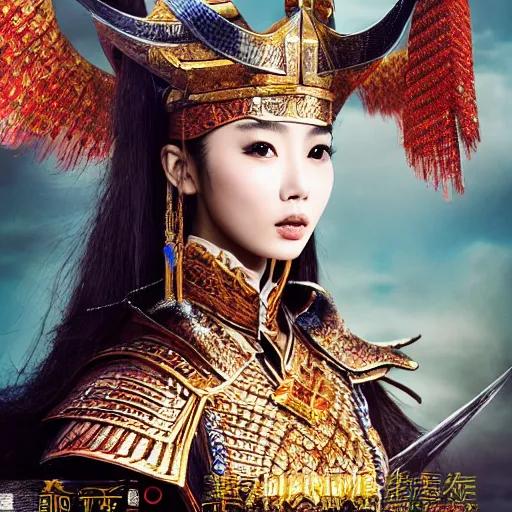 Prompt: angelababy as a Chinese warrior princess on the Great Wall, styling by Tom Eerebout & Sandra Amador, photo by mario testino, cinematic, hyper detailed, micro details, insanely detailed, trending on artstation, concept art