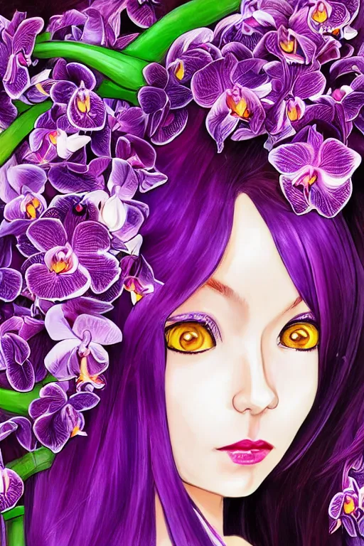 Prompt: an attractive girl is surrounded by colorful orchids, symmetrical face and eyes, flat upper body face, long straight purple hair, visible face, otaku : : portrait, painting, splash