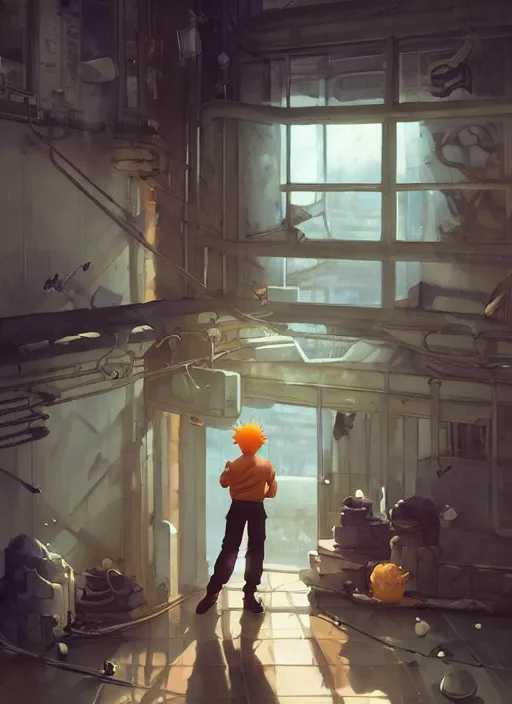 Image similar to highly detailed krillin standing outside building with a window with metal bars and naruto uzumaki with black hair behind them art by greg rutkowski, loish, rhads, ferdinand knab, makoto shinkai and lois van baarle, ilya kuvshinov, rossdraws, tom bagshaw, global illumination, radiant light, detailed and intricate environment