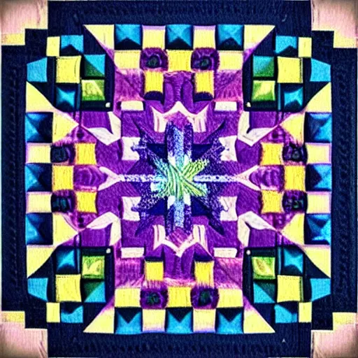 Prompt: Intricate quilt stitched art Twilight needlepoint kaleidoscope roger dean realistic 8k resolution Behance HD maximalist trending on Artstation lavender, blue, black, pink, azure, opal