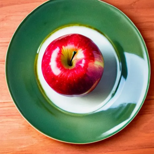 Image similar to a wide angle realistic photo of three apples on a colorful plate, award winning