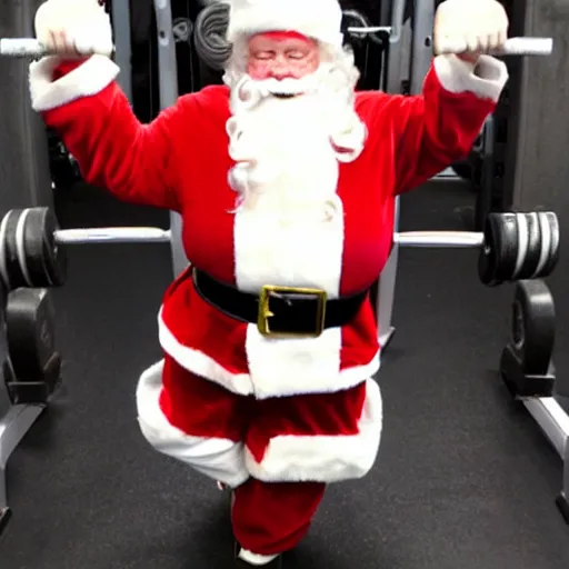 Prompt: santa lifting weights, leg day, squats