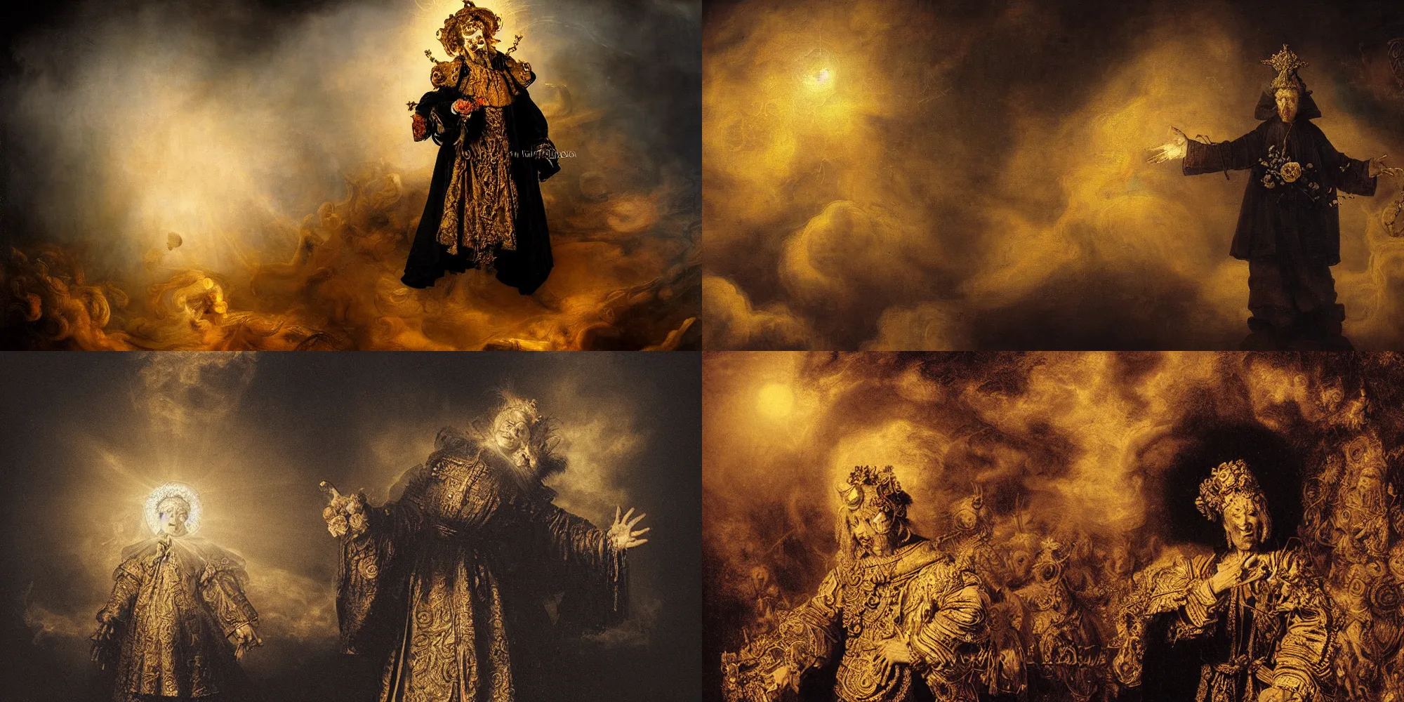 Prompt: rembrandt style golden saint zombie character in a full body, pose wearing white and black victorian robe with an aureola made of golden cactae over the head and holding a rose, with warm backlight. background: whirlpool of clouds forming an angelic circle. sunset light. beneath there's a barren land with serpents. apocalyptic. low angle.