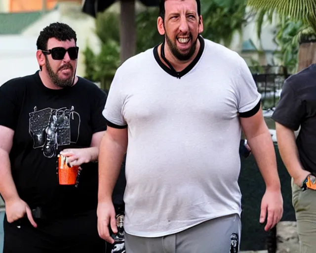 Prompt: fat gamer adam sandler wearing gamer shorts. surrounded by goth vampire shartys