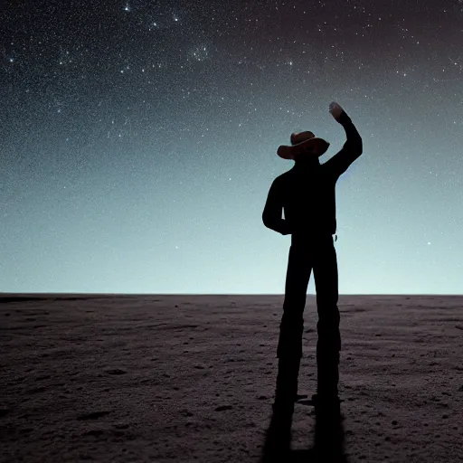 Image similar to cowboy standing on the moon, looking up at earth among the stars, photorealistic, octane render, blender render, unreal engine, 3 5 mm