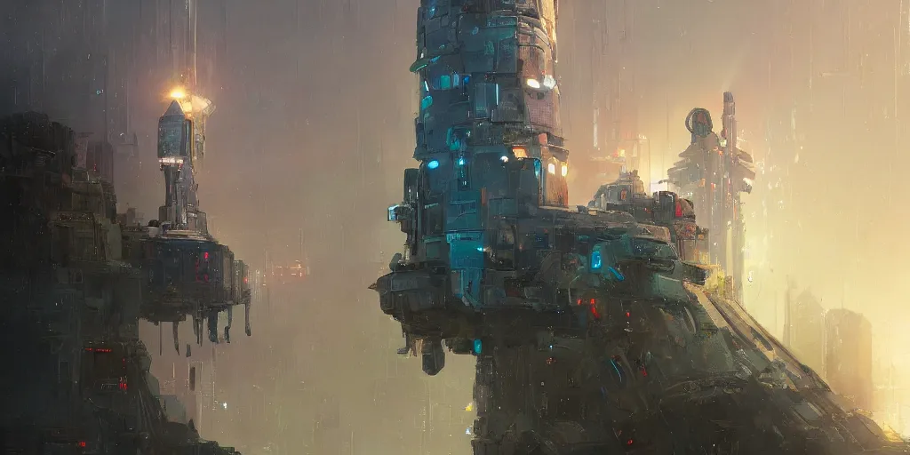 Image similar to concept art of a towering sci - fi lighthouse at the edge of a busy city, grimy, gritty, blade runner 2 0 4 9, trending on artstation, award winning painting, cgi, art by john berkey and anton fadeev and john howe and simon stalenhag