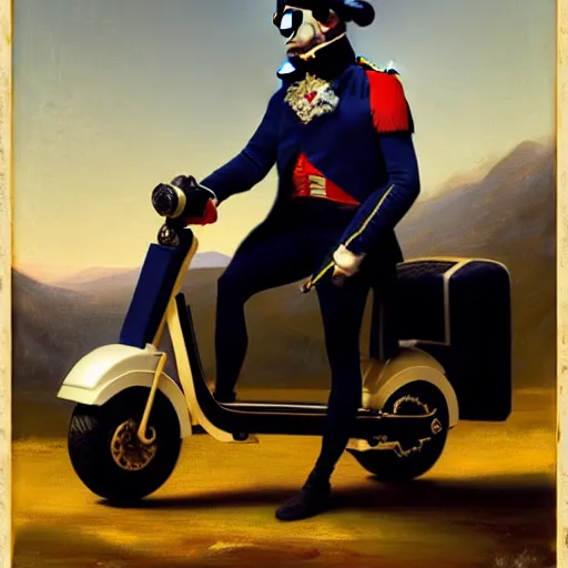 Prompt: Napoleon Bonaparte and his new electric scooter by Jeremy Lipkin and Giuseppe Dangelico Pino, oil on canvas, epic pose, cinematic, poster, 8k