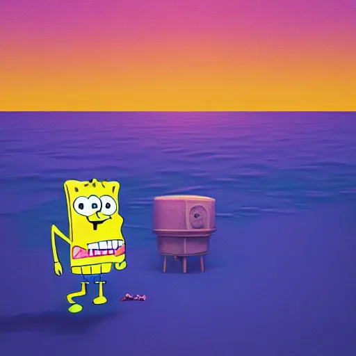 Prompt: spongebob walking on the shore, digital art, by Beeple