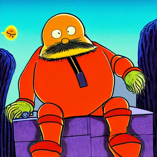 Image similar to professional illustration of doctor robotnik standing over the lorax, the lorax is laying down and making a longing face, blushing, digital drawing, black outlines, dark lighting, a moonlight glow is coming from a window, doctor eggman is making a confused face