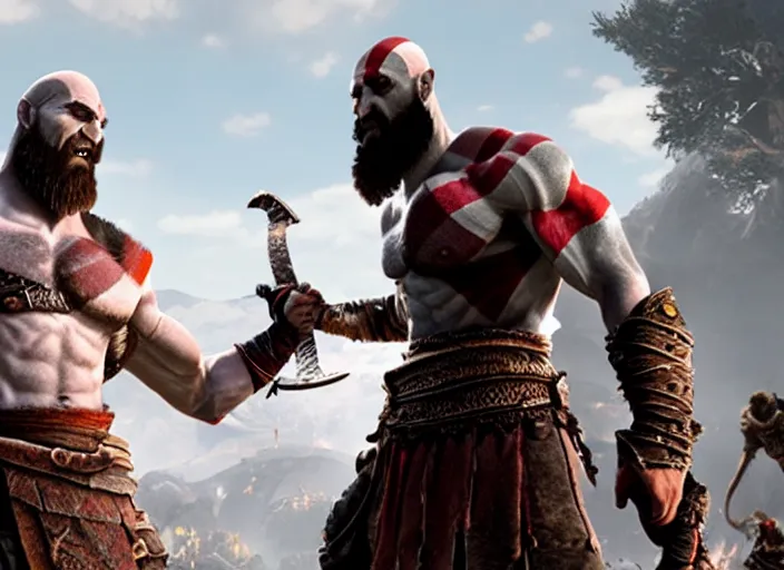 Prompt: in game screenshot of kratos victoriously holding up a!!! computer mouse!!! in the new god of war video game, 4 k