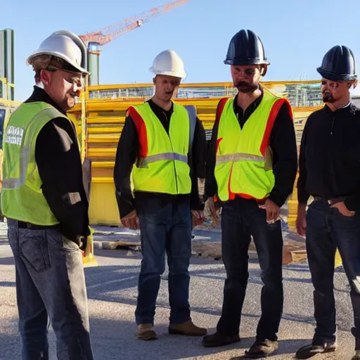Prompt: a group of tall, dark, shadowy figures wearing construction helmets