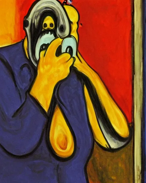 Image similar to a painting of homer simpson screaming in the scream by edvard munch