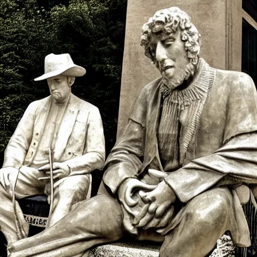 Image similar to bob dylan playing his guitar whilst sitting next to a statue of king alfred the great in wantage united kingdom, photograph