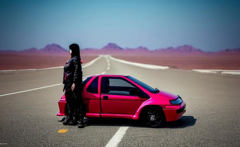 Prompt: photograph of a cell-shaded Honda EK9 Type-R with a techwear woman , on a desert road with a futuristic city in the horizon, one point perspective, 1-point perspective, tilt shift, sigma 85mm f/1.4, 4k, depth of field, high resolution, 4k, 8k, hd, full color