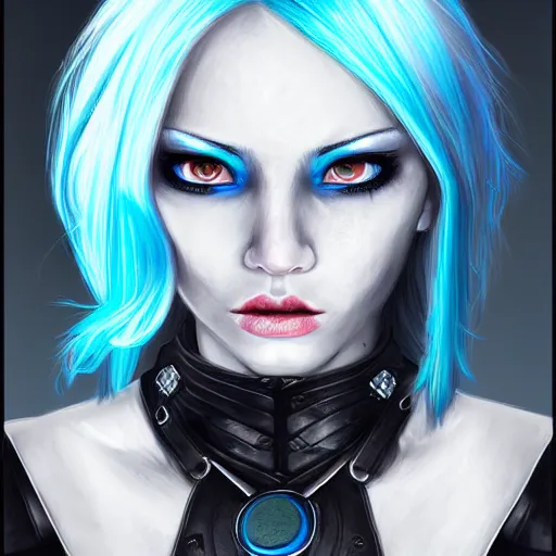 Image similar to illustrated realistic portrait female ram-horned kobold blue hair with black evil devil eyes wearing leather armor by rossdraws