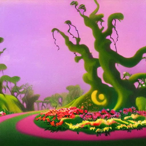 Prompt: flowery garden, matte painting from Fantasia (1940)