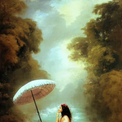 Image similar to monsoon on tropical island, oriental goddess in white, elegant, frontal, ornate, beautiful, atmosphere, vibe, mist, coconuts, rain, wet, pristine, puddles, melting, dripping, snow, creek, lush, ice, bridge, forest, roses, flowers, by stanley artgerm lau, greg rutkowski, francisco de goya