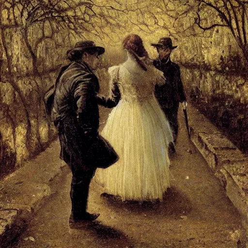 Image similar to young victorian man and woman traversing a dark stone maze, holding torches, hiding, fleeing, painted by alfred stevens