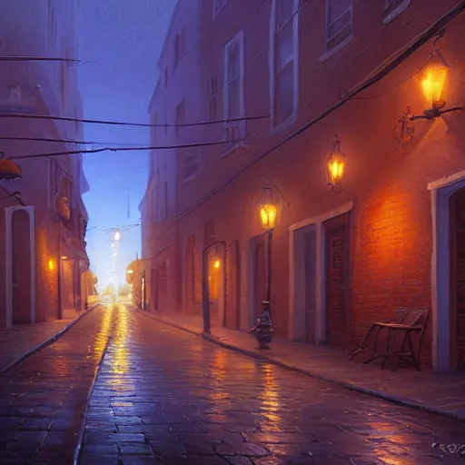 Prompt: a painting of a city street at night, a screenshot by evgeny lushpin, featured on cgsociety, photorealism, rendered in unreal engine, matte painting, rendered in maya