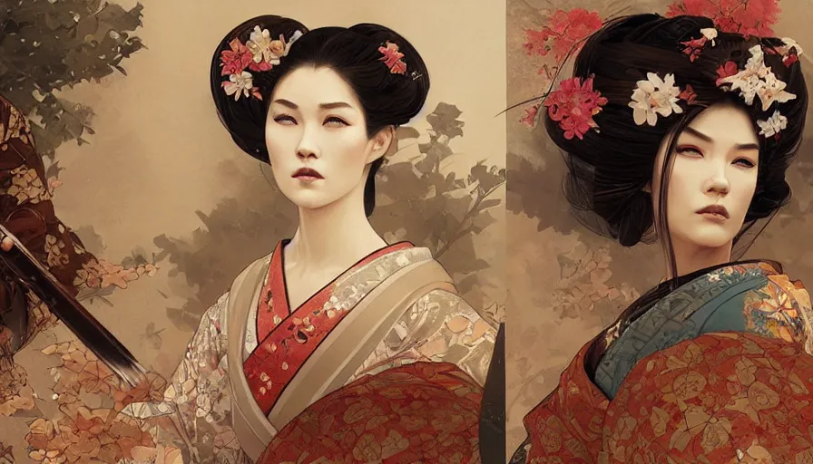 Image similar to a beautiful realistic painting of geisha and samurai, intricate, elegant, highly detailed, digital painting, artstation, concept art, by krenz cushart and artem demura and alphonse mucha