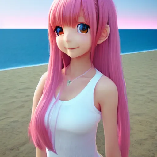 Prompt: Render of a cute 3d anime girl, long pink hair, full bangs, hazel eyes, cute freckles, full round face, soft smile, cute sundress, golden hour, serene beach setting, medium shot, mid-shot, trending on Artstation, Unreal Engine 4k