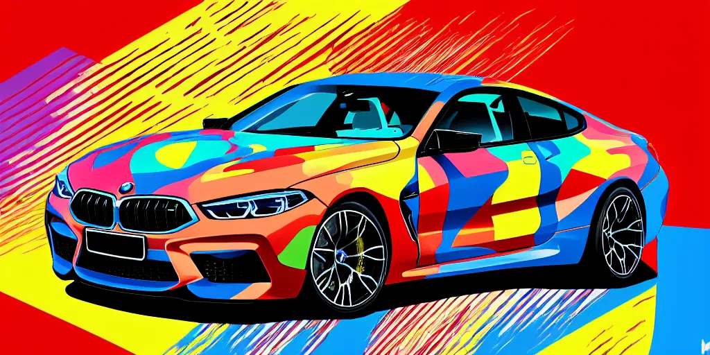 Image similar to bmw m 8 pop art painting, rtx, raytracing, 8 k, highly detailed, soft colors,