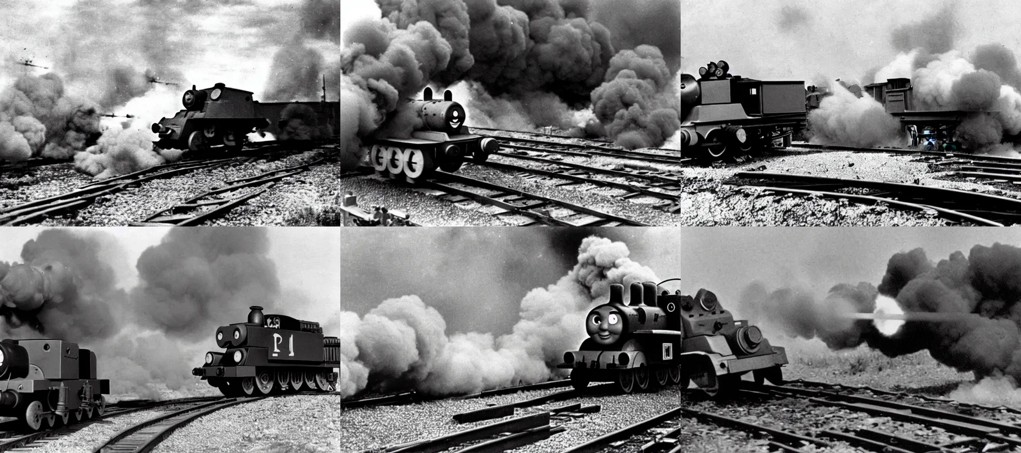 Prompt: WW2 era photograph, the face of Thomas the tank engine on a 800mm German rail artillery firing a shot at an angle