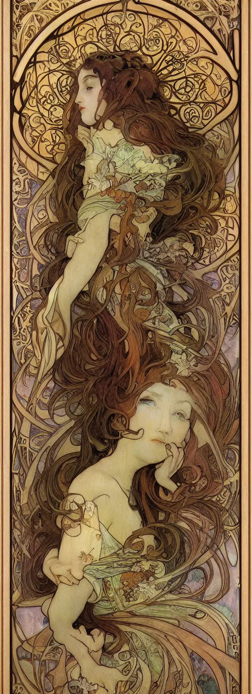 Image similar to an art nouveau wood screen picture frame by brian froud and alphonse mucha distressed wood patine painting concept cinematic lighting Gaudi