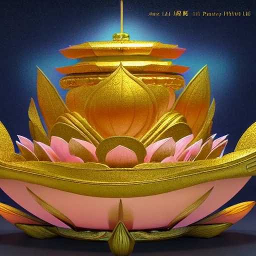 Image similar to a pastel illustration in the style of noriyoshi ohrai and mark tedin of an ancient holy gilded metal lotus artifact that sits in a temple on pillow. key art. 4 k retrofuturistic fantasy