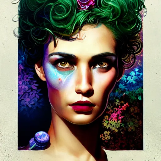 Image similar to Lofi cyberpunk portrait beautiful woman with short brown curly hair, roman face, Romanesque, unicorn, rainbow, floral, Pixar style, Tristan Eaton, Stanley Artgerm, Tom Bagshaw