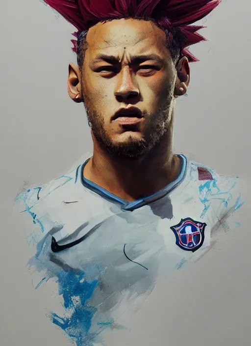 Image similar to semi reallistic gouache gesture painting, by yoshitaka amano, by ruan jia, by Conrad roset, by dofus online artists, detailed anime 3d render of Neymar as sayajin, Neymar soccer player transformed into Super Saiyan, Neymar jr, portrait, cgsociety, artstation, rococo mechanical, Digital reality, sf5 ink style, dieselpunk atmosphere, gesture drawn