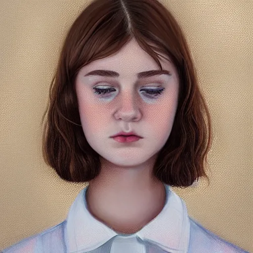 Image similar to https://s.mj.run/SVF9-OTU880 https://s.mj.run/a0ycXnB3Yno portrait of a welsh teenage girl with brown hair, glowing skin, delicate features, quiet beauty, amelie poulain, fantasy, intricate, elegant, dress shirt, highly detailed, digital painting, artstation, concept art, smooth, sharp focus, illustration, art by Krenz Cushart and Artem Demura and alphonse mucha