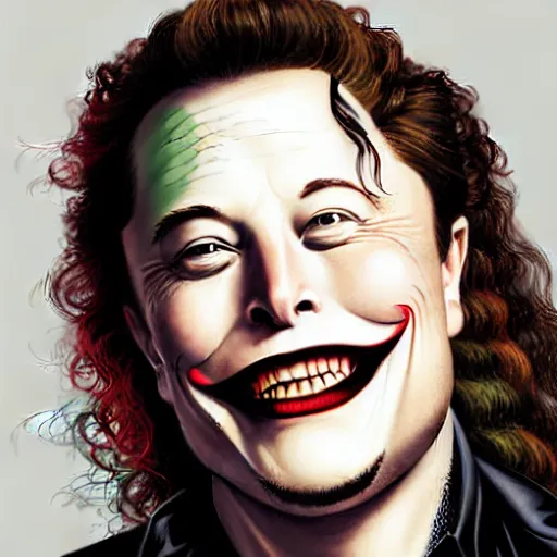 Image similar to elon musk as joker, long green curly hair, 8 k, highly detailed face