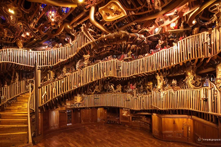 Image similar to the interior of the organ room at house on the rock in wisconsin is full of curved elevated walkways, interwoven catwalks, spiral ramps, and twisted staircases that are surrounded by cluttered arrangements of parts of pipe organs, clock gears, and engine components.