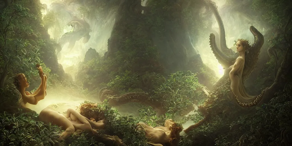 Image similar to Fantasy fairytale story, Great Leviathan Turtle, cephalopod, Cthulhu Squid Terrapin, Mysterious Island, center Universe, hybrid, Reptilian Cyborg, intense celestial fantasy atmospheric lighting, hyper realistic, William-Adolphe Bouguereau, François Boucher, Jessica Rossier, Michael Cheval, michael whelan, Cozy, hot springs hidden Cave, Forest, candlelight, natural light, lush plants and flowers, Spectacular Mountains, bright clouds, luminous stellar sky, outer worlds, Golden dapple lighting, Solar Flare Unreal Engine, HD,