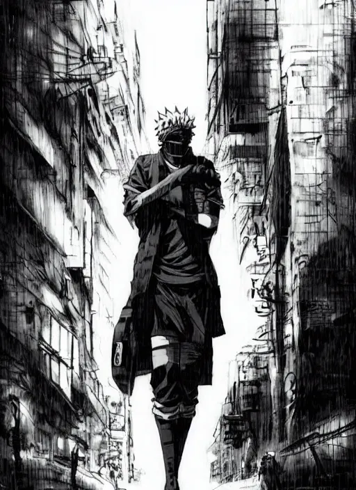 Prompt: Noi from Dorohedoro standing on the street, anime, rain, fog, artstation, trending on Yoji Shinkawa style