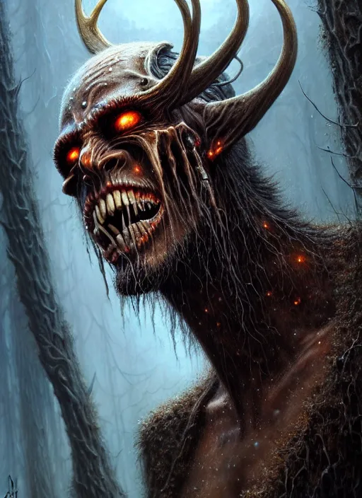 Image similar to closeup portrait shot of a wendigo in a scenic dystopian environment, intricate, elegant, highly detailed, centered, digital painting, artstation, concept art, smooth, sharp focus, illustration, artgerm, tomasz alen kopera, peter mohrbacher, donato giancola, joseph christian leyendecker, wlop, boris vallejo