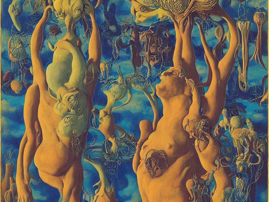 Prompt: Portrait of the African god albino holding the caged fantastic psychedelic bird at her chest, sculpture, Henri Moore giant, blue eyed, flowing milk, lightning network. Boulders of spiked fungi. Painting by Rene Magritte, Jean Delville, Max Ernst, Maria Sybilla Merian, Roger Dean