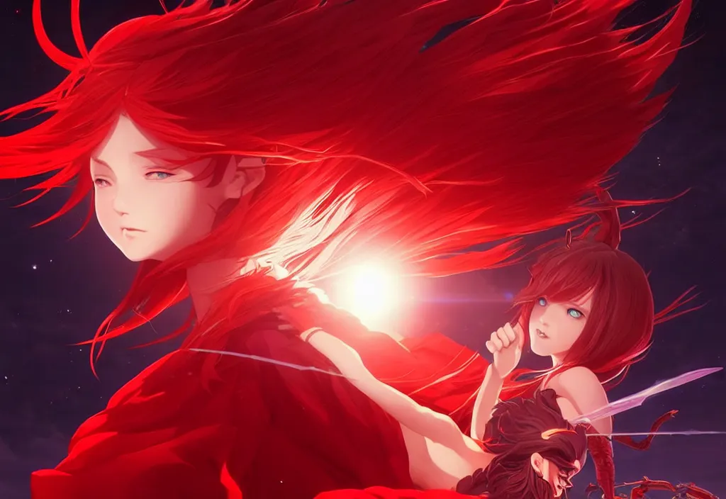 Image similar to red dressed summoner girl fighting against outer gods with their creatures. floating planets on the background, box office hit, fantasy and cosmic horror movie, unreal engine, intricate, highly detailed 8 k, ambient occlusion, extremely beautiful and aesthetic shape of face and body, art by hiroaki samura and ilya kuvshinov and rossdraws