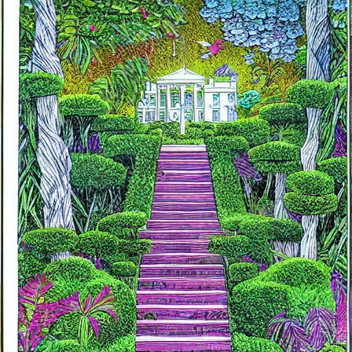 Image similar to old white house stairs into colorful lush garden, drawing moebius