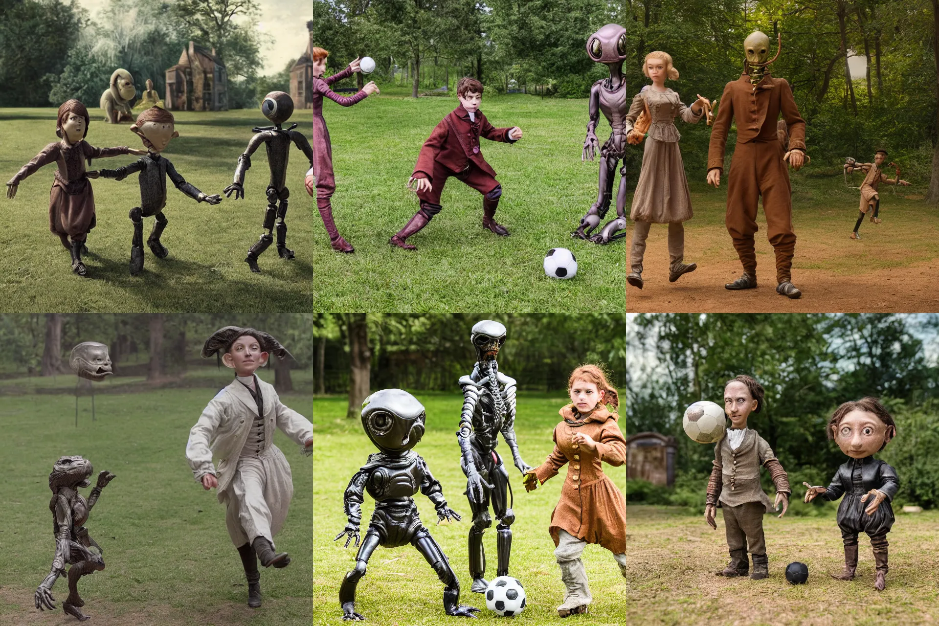 Prompt: detailed, sharp, a boy and a girl, playing soccer with their pet humanoid alien, wearing 1850s era clothes, in a park on an alien planet, extremely highly detailed, hyperrealistic, highly detailed faces, 70 mm still from a period sci fi movie, 4k