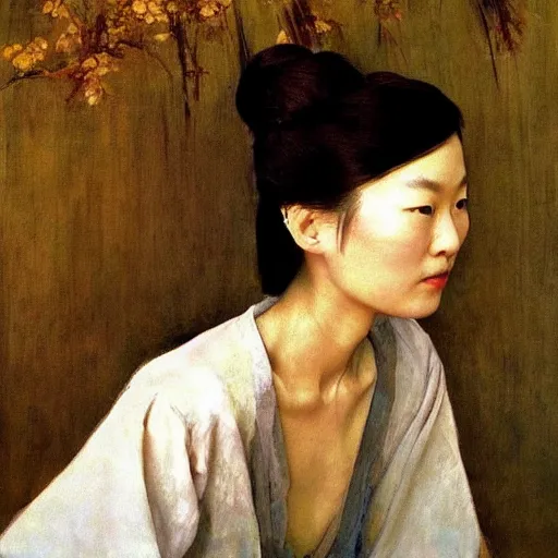 Prompt: a stunning masterful portrait of a confident chinese woman with braided hair by andrew wyeth, john singer sargent, and norman rockwell, natural light, oil painting, ethereal, wong kar wai, strong brushwork