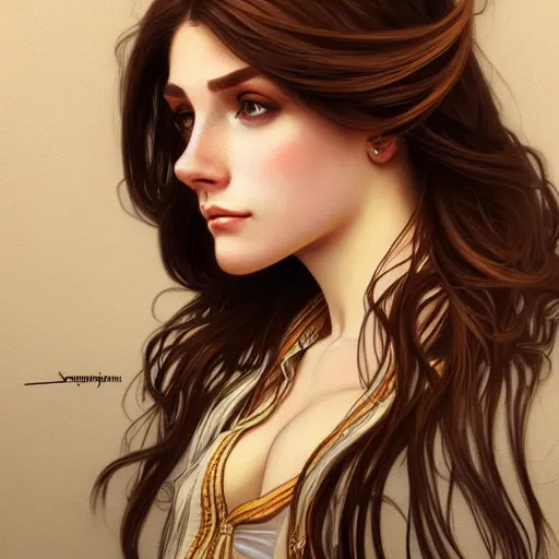 Image similar to woman with long brown hair wearing a blouse and jeans, highly detailed, digital painting, artstation, concept art, smooth, sharp focus, illustration, art by artgerm and alphonse mucha