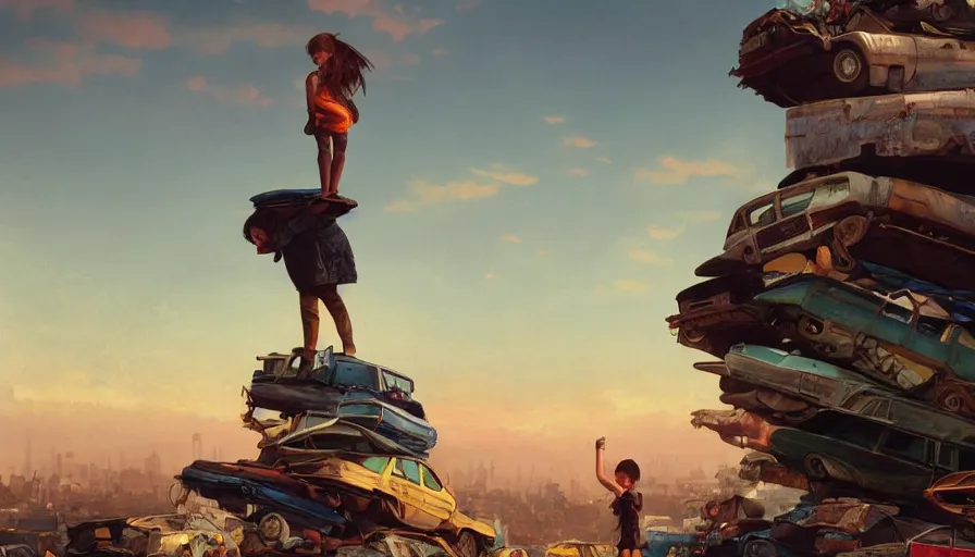 Image similar to kid standing on pile of cars on garbage dump, wasteland city, sunset sky, nostalgia feeling, greg rutkowski, alphonse mucha, trending on artstation, 4 k highly detailed art, digial art, karl schulschenk, dmitriy eremenkov