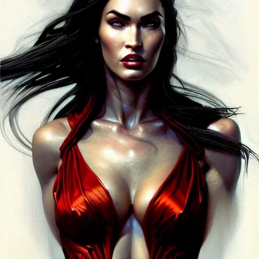 Image similar to portrait of megan fox, muscular upper body, greek, jewelry, red dress, fantasy, intricate, elegant, highly detailed, digital painting, artstation, concept art, matte, sharp focus, illustration, art by aenaluck and roberto ferri and greg rutkowski, epic fantasy, digital painting