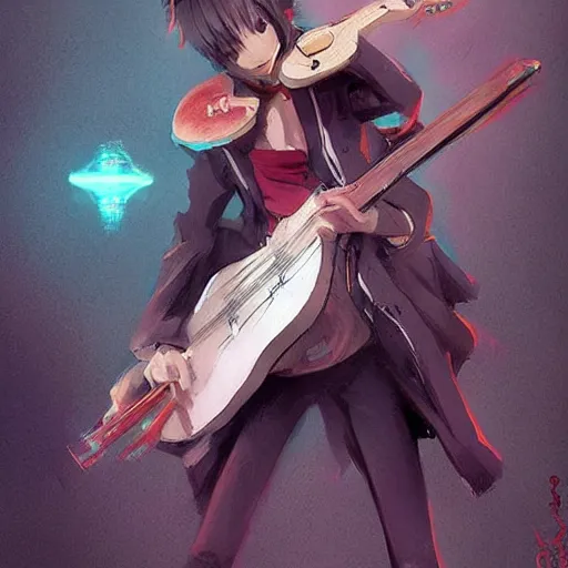 Prompt: anime creature Playing the 🎸 instrument , digital Art, Greg rutkowski, Trending cinematographic artstation