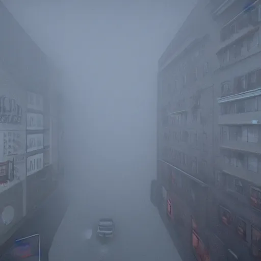 Image similar to overhead view of foggy streets in style of silent hill one, realistic, detailed, 4 k