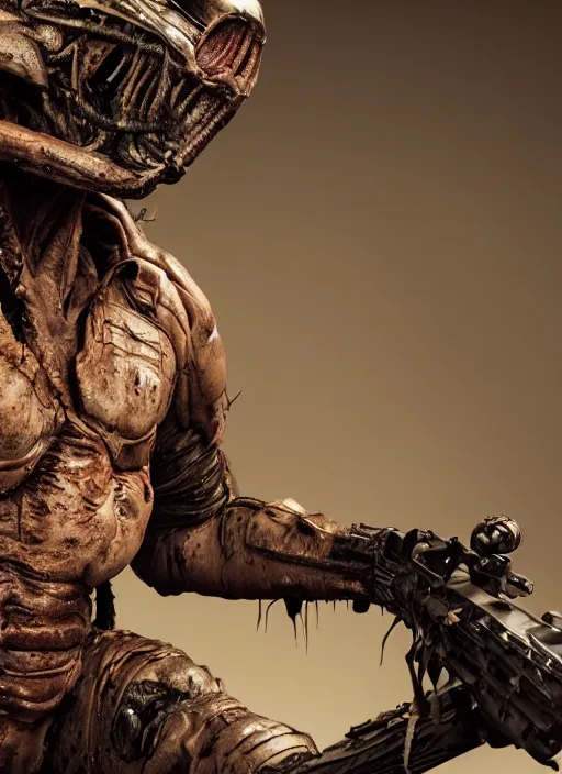 Image similar to a photorealistic dramatic hyperrealistic render of predator the alien hunter, ultra realistic details, well worn, rust, oil stains designed by vitaly bulgarov and mike nash, beautiful dramatic dark moody tones and lighting, cinematic atmosphere, studio lighting, global illumination, shadows, dark background, octane render, 8 k