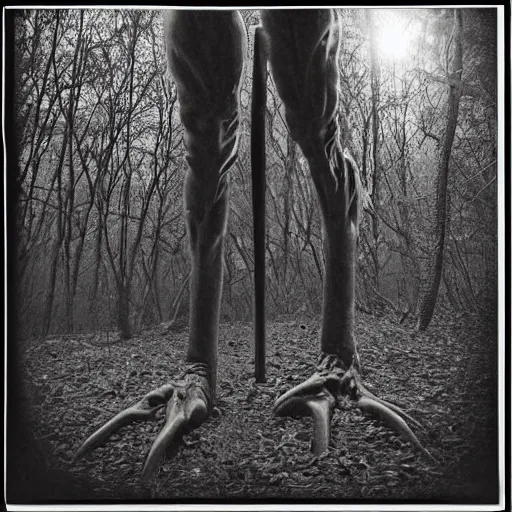 Prompt: ultra realisic creepy long leg monster in a dark forest at midnight